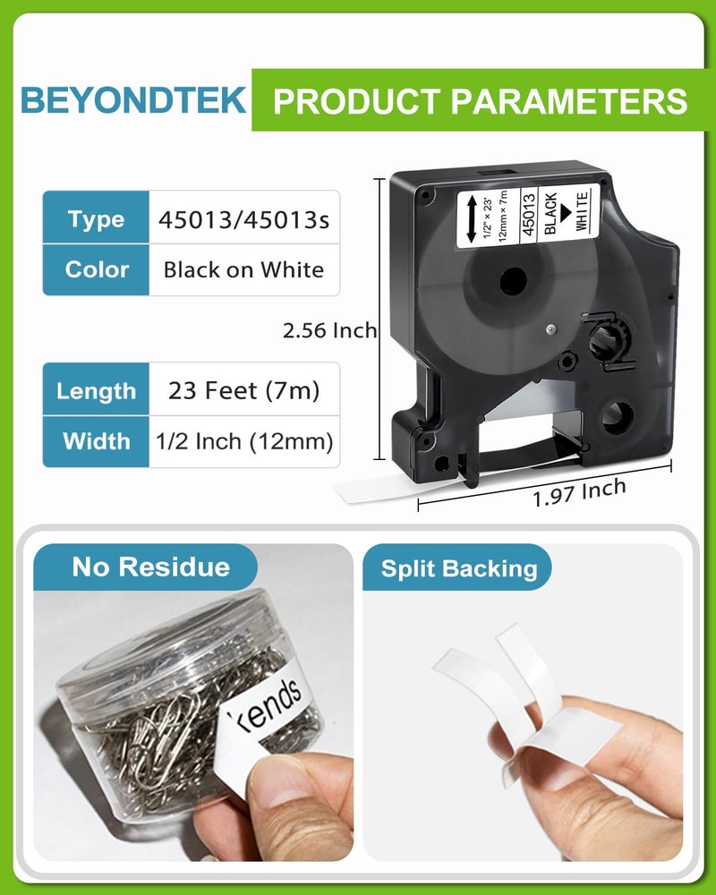 BEYONDTEK Work for Dymo D1 Label Maker Cartridges 45013 1/2" with D1 Label Maker Refills 45013s 12mm x 3m Black on White for Dymo LabelManager 160 280 210D 360D 420P PnP 220P 260P 450D,5Pk - Image 2